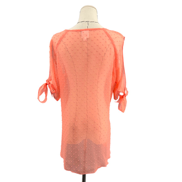 Ivy Jane Swiss Dot Sheer‎ Peach Blouse Cold Shoulder Bow Tied Womens Small - Picture 5 of 8